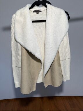 Fever Cream and Tan Open-Front Faux-Suede Drape Cardigan